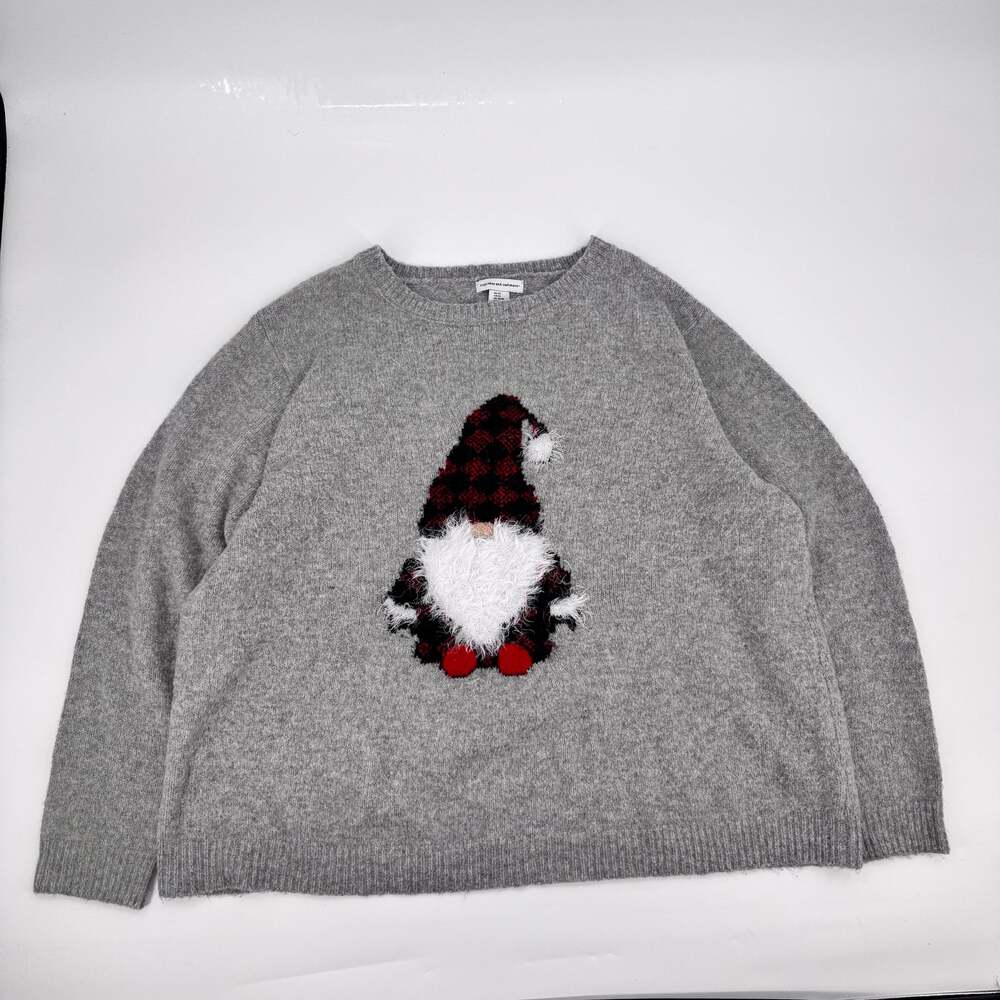Cupcakes and Cashmere Christmas Gnome Sweater Womens 3X Gray Plaid Holiday